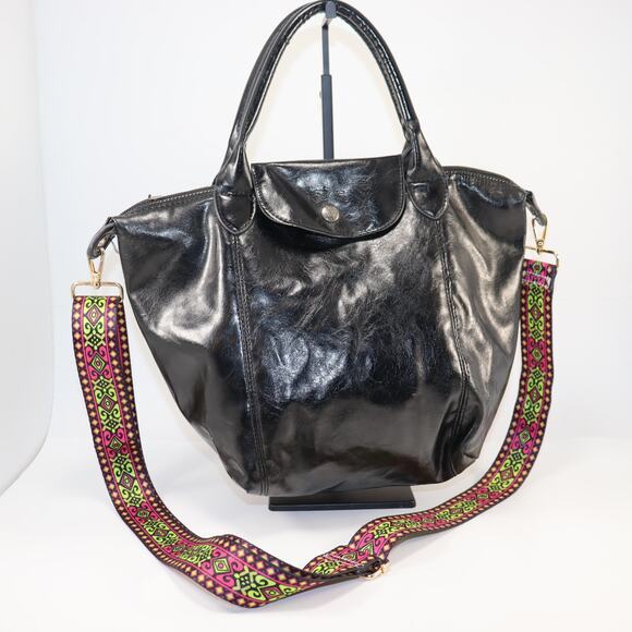 Longchamp Le Pliage Cuir Black Leather Tote w/ Color Strap - Picture 1 of 8